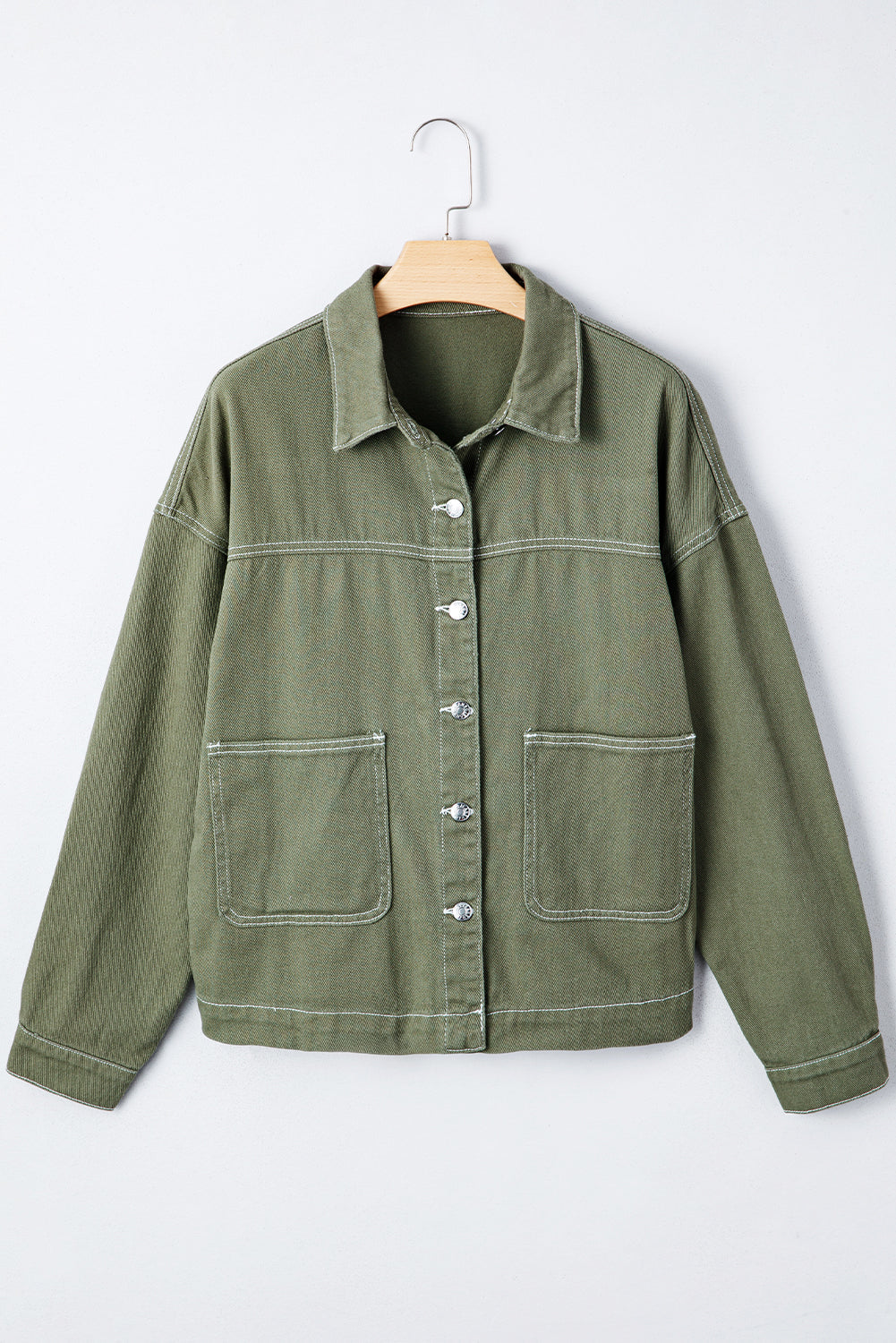 Patched Pocket Collared Button Front Boyfriend Denim Jacket eAura