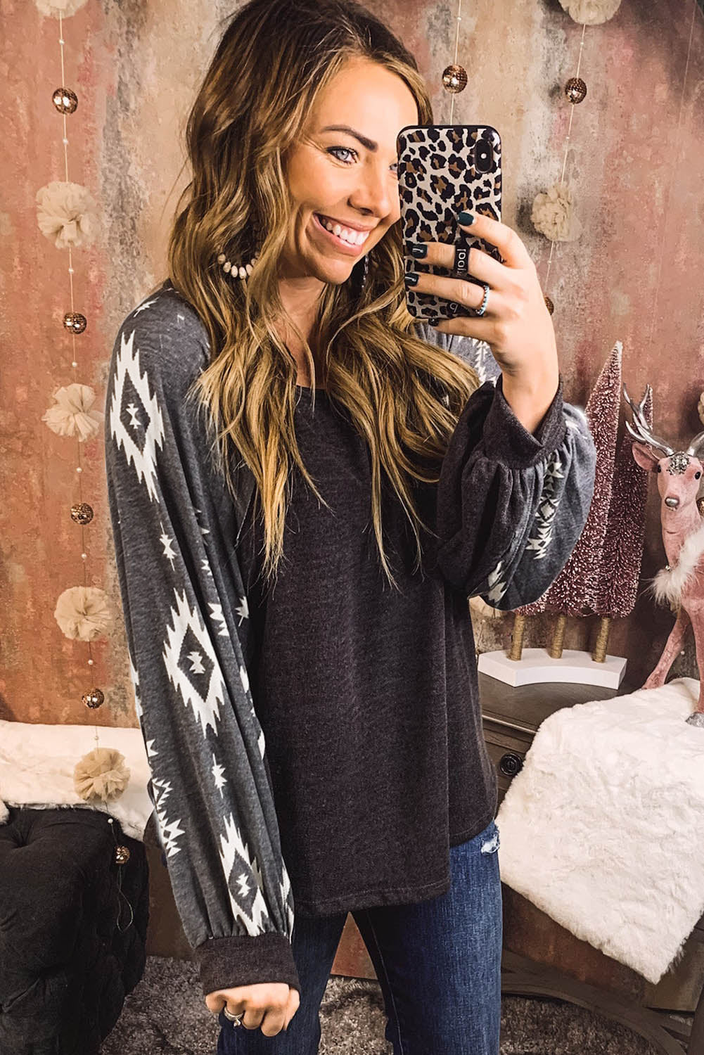 Black Western Print Patch Long Sleeve Top eAura