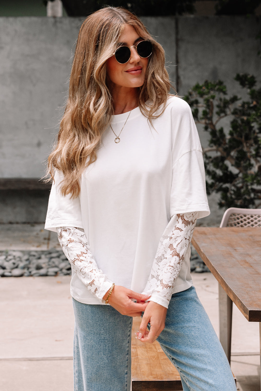 White Lace Long Sleeve Insert Drop Shoulder Tee eAura