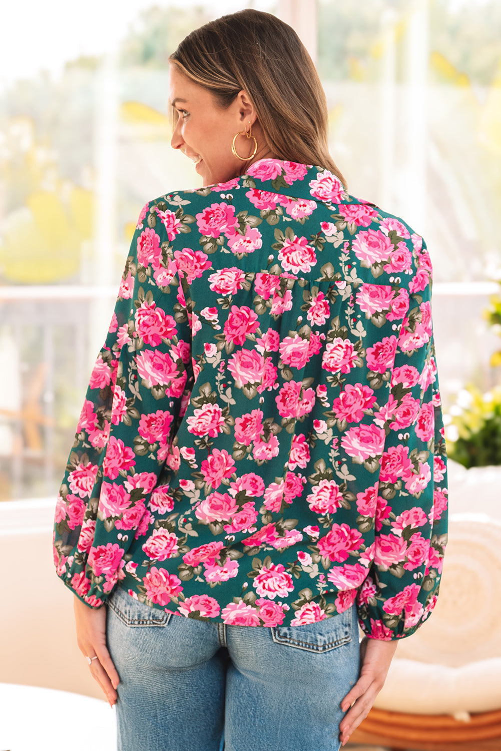 Green Floral Printed Tied Collar Puff Sleeve Blouse eAura