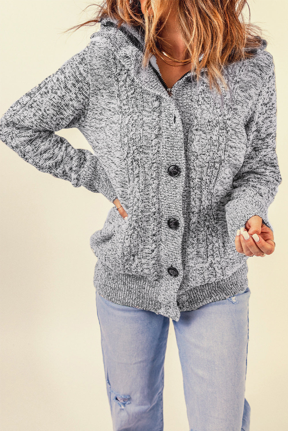 Dark Grey Long Sleeve Button-up Hooded Cardigans eAura