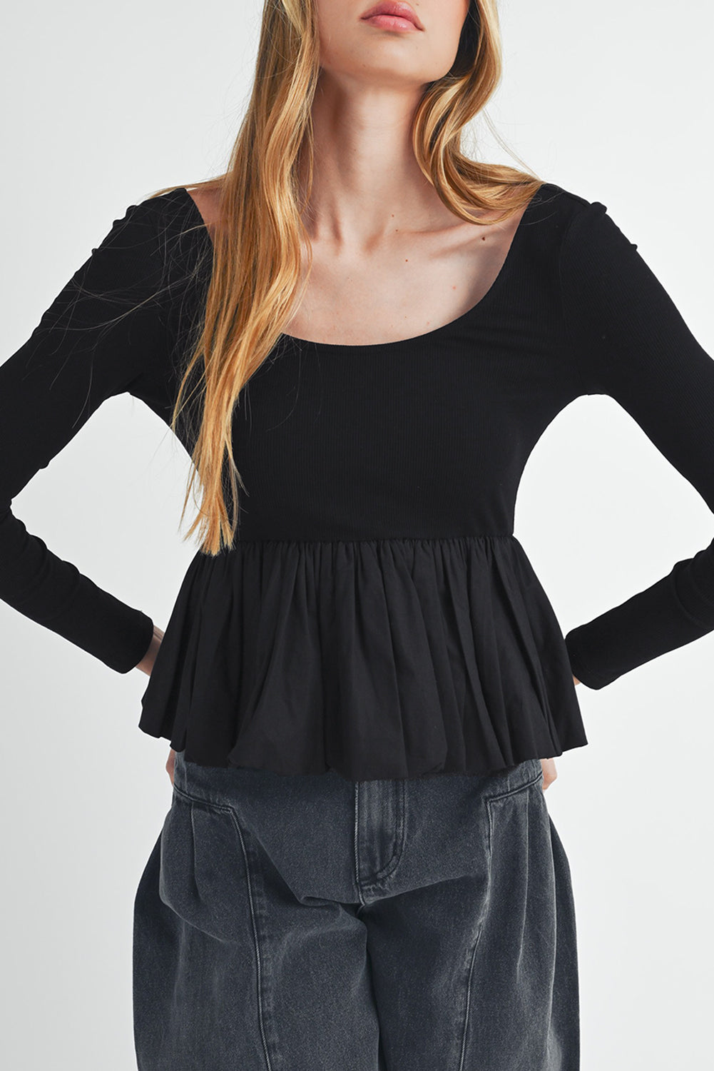 Black Ribbed Knit Long Sleeve Scoop Neck Peplum Patchwork Top BB Fashion Outlet