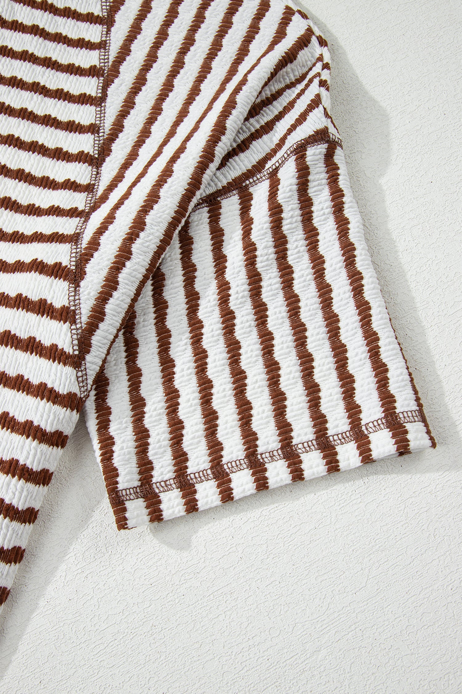 Striped Textured Knit Split Hem Half Sleeve Loose Top