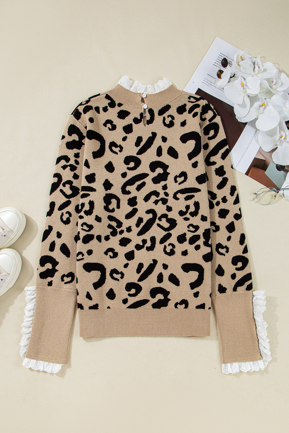 Brown Leopard Pattern Lace Ribbed Detail Button Cuffed Sweater eAura