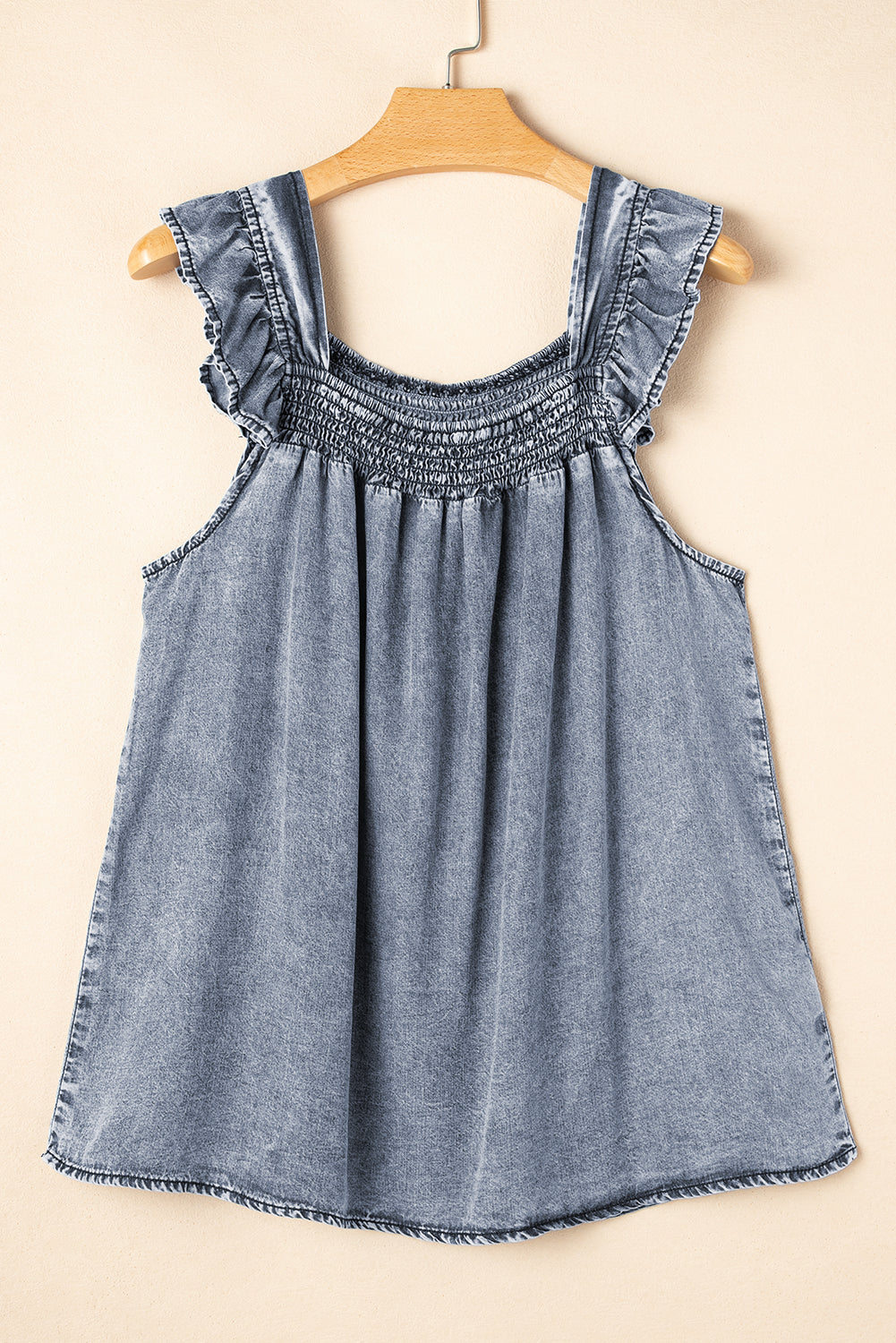 Ashleigh Blue Ruffled Shirred Neckline Sleeveless Denim Tank Top eAura