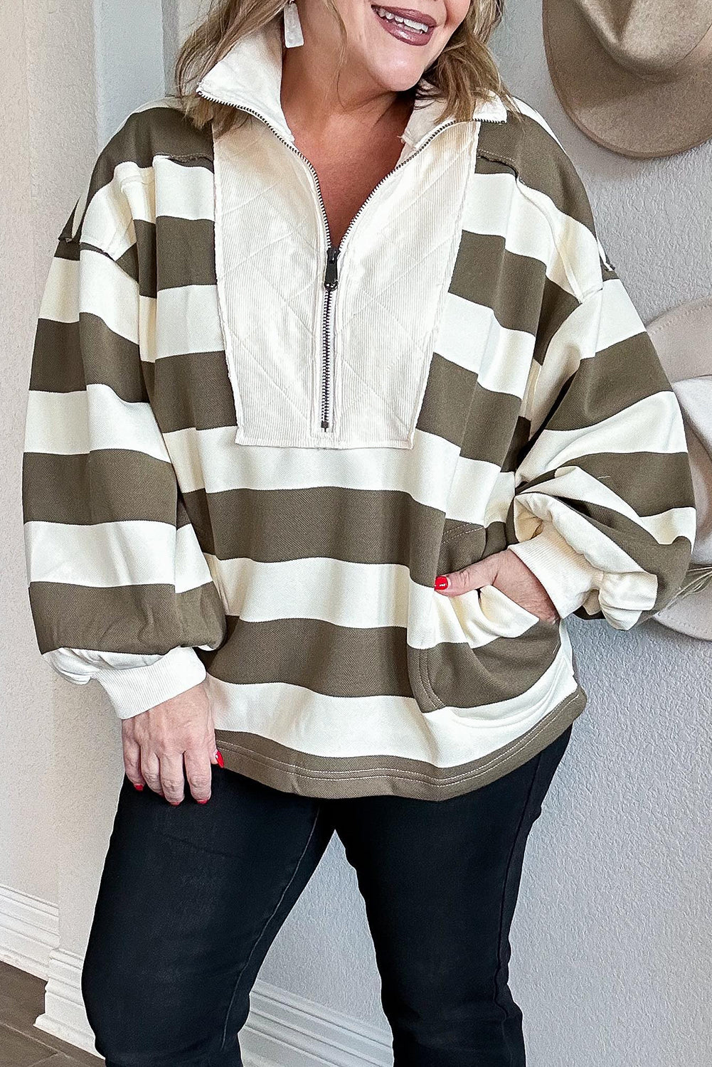 Plus Size Half Zipped Casual Sweatshirt – Green Stripe