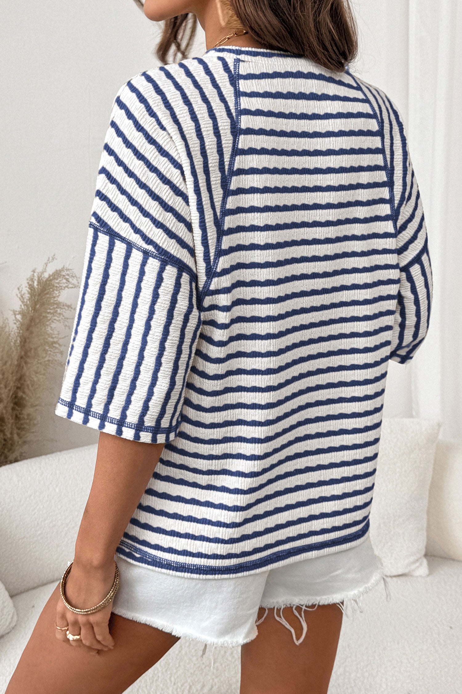 Striped Textured Knit Split Hem Half Sleeve Loose Top