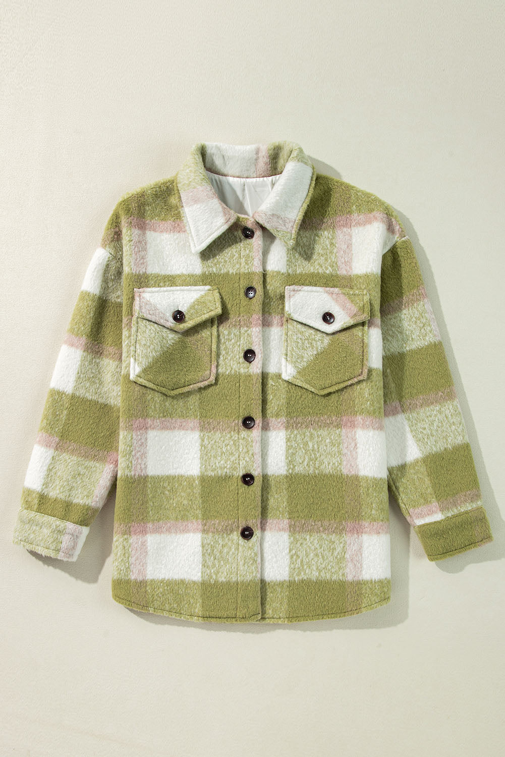 Sage Green Plaid Print Buttoned Flap Pockets Baggy Shacket Beagle Boutique Fashion Outlet