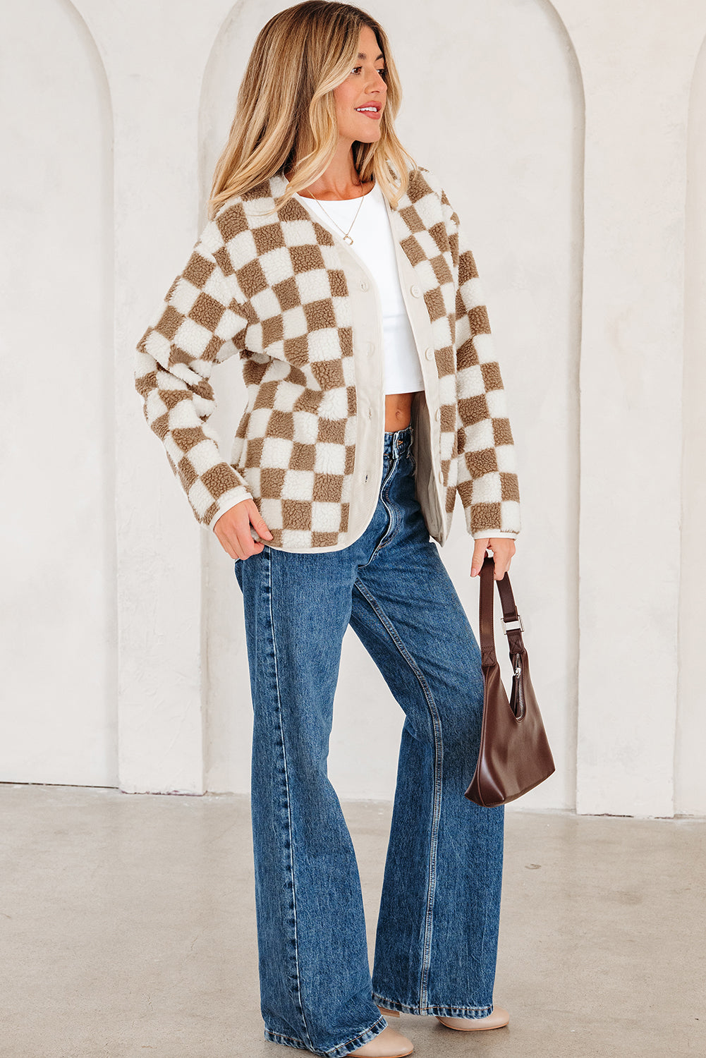 Brown Checkered Sherpa Buttoned Front Chunky Jacket - eAura