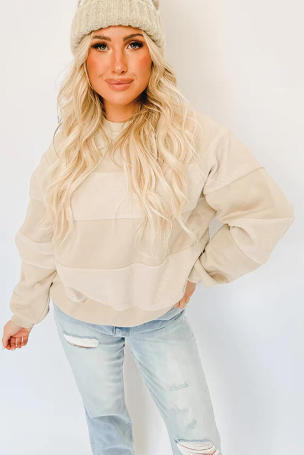 Oatmeal Contrast 2-tone Patchwork Raglan Sleeve Sweatshirt eAura