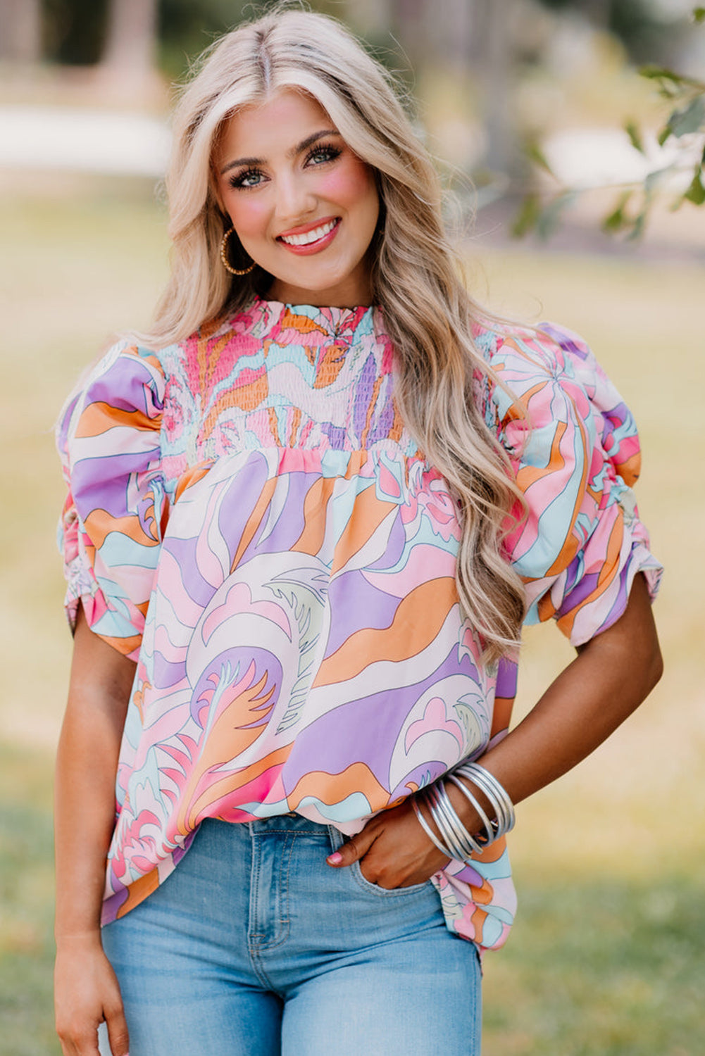 Pink Abstract Print Bubble Sleeve Smock Detail Blouse eAura