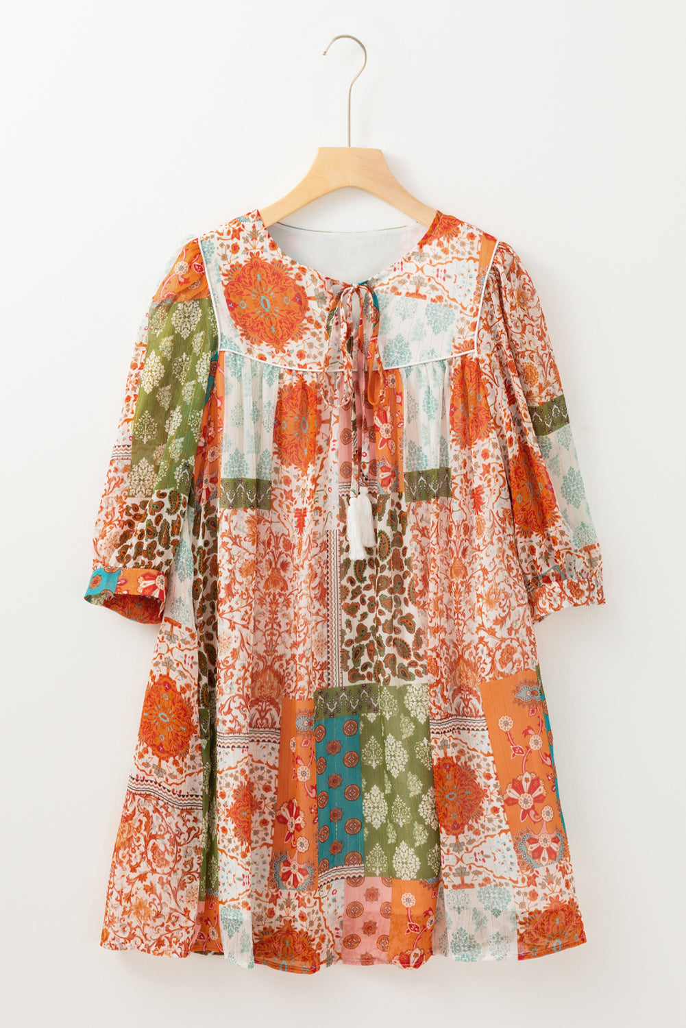 Orange Boho Paisley Mixed Print 3/4 Sleeve Chiffon Loose Dress eAura