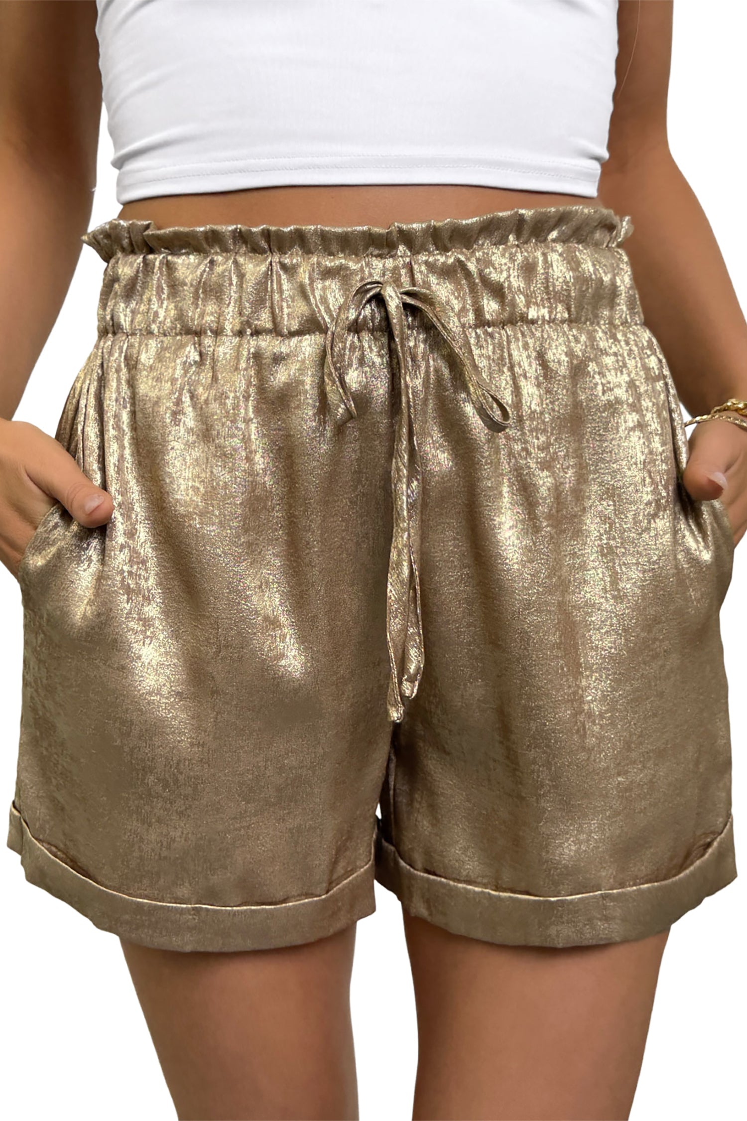 Metallic Luster Tie Elastic Waist Cuffed Hem Shorts – Gold