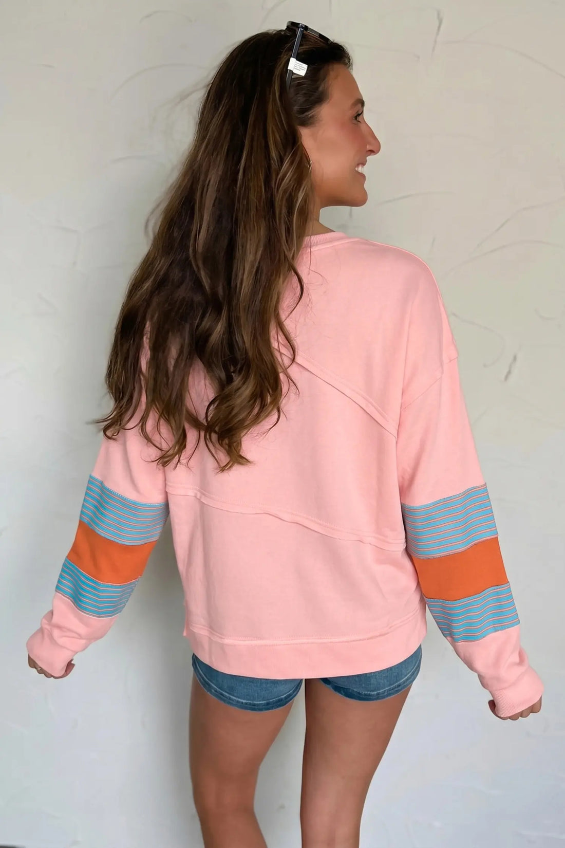 Colourblock Striped Patchwork Long Sleeve Round Neck Blouse – Pink