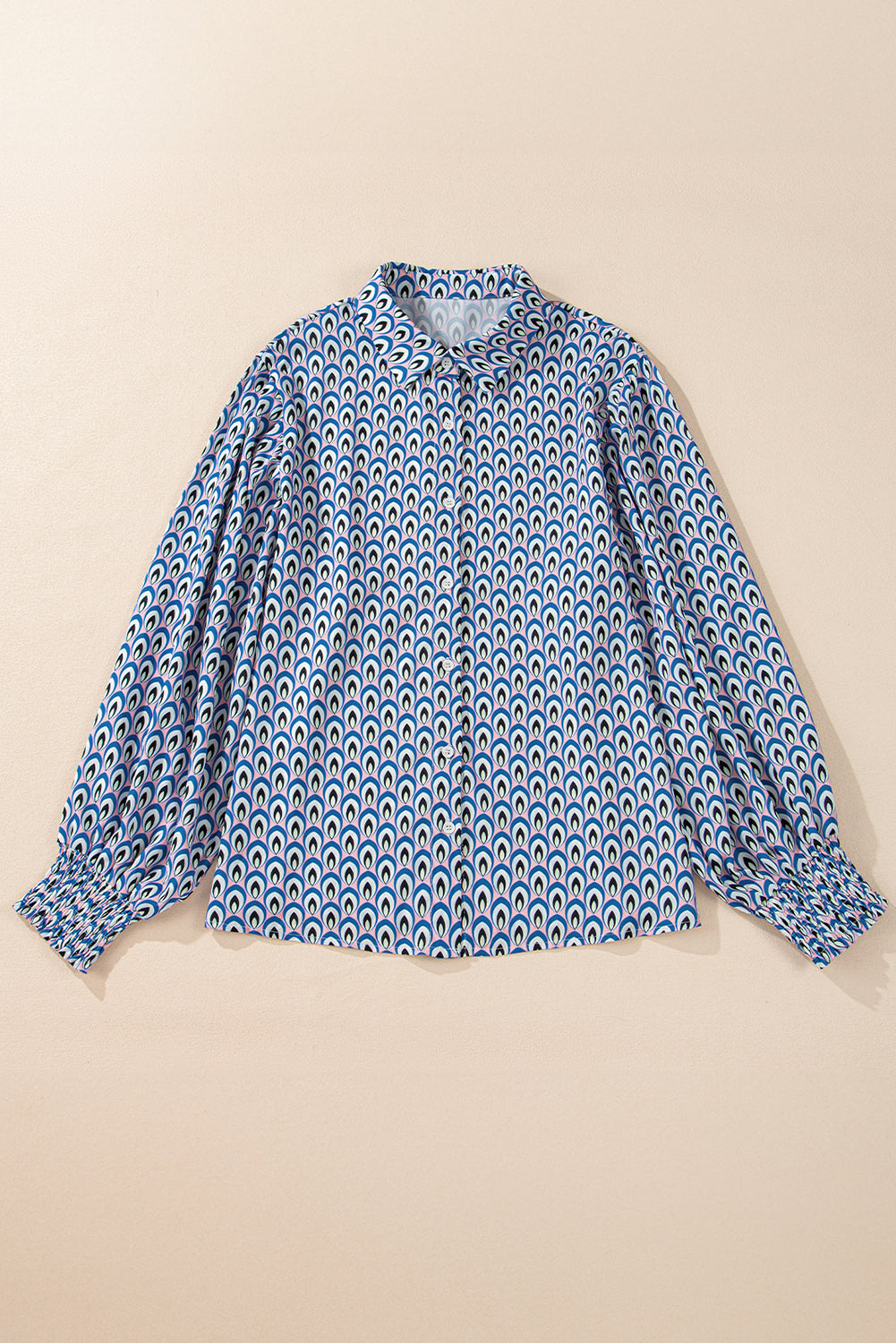Abstract Print Shirred Cuff Buttoned Oversized Shirt – Blue
