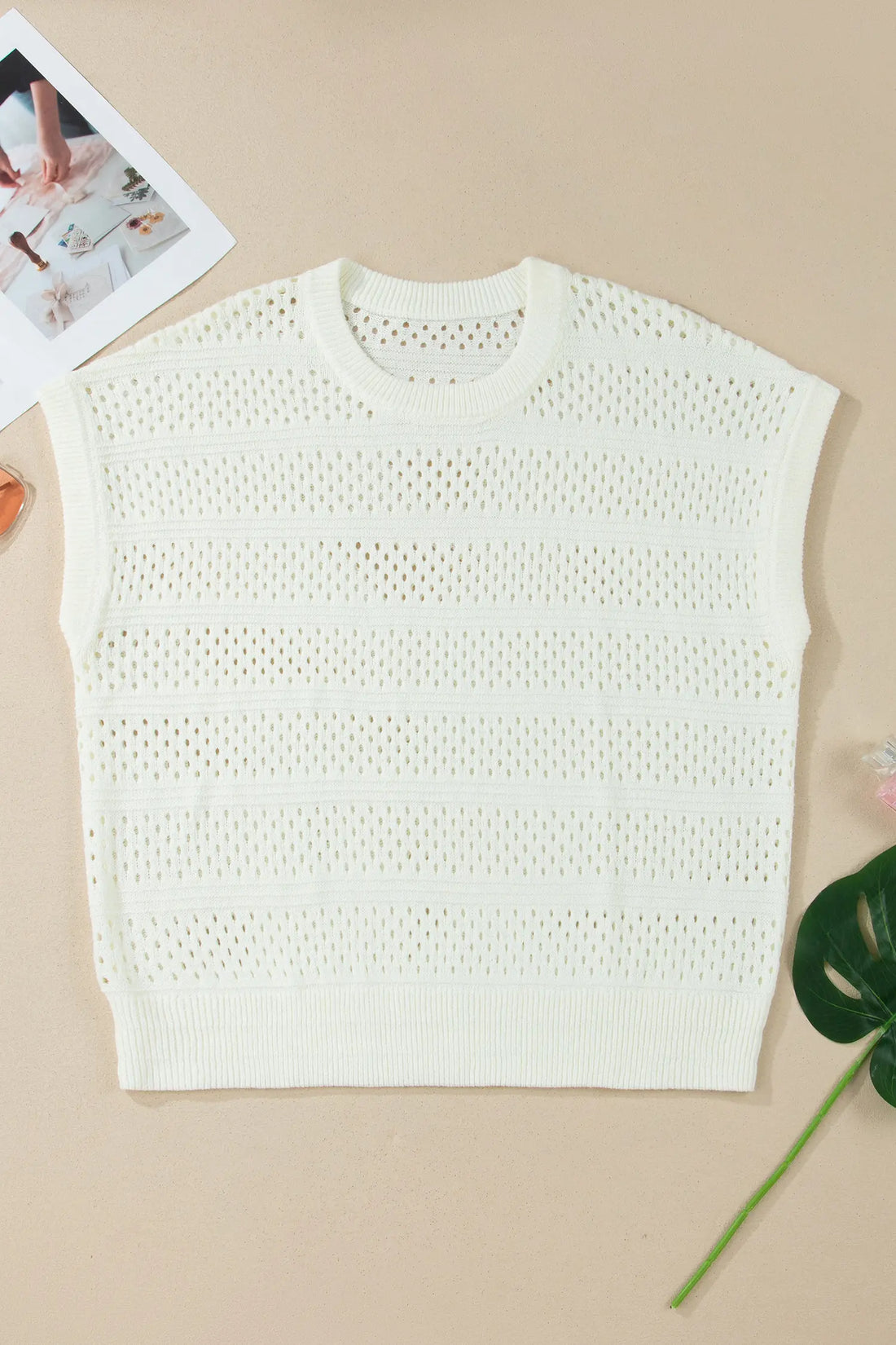 Plus Size Eyelet Hollow-Out Knit Dolman Short Sleeve Sweater