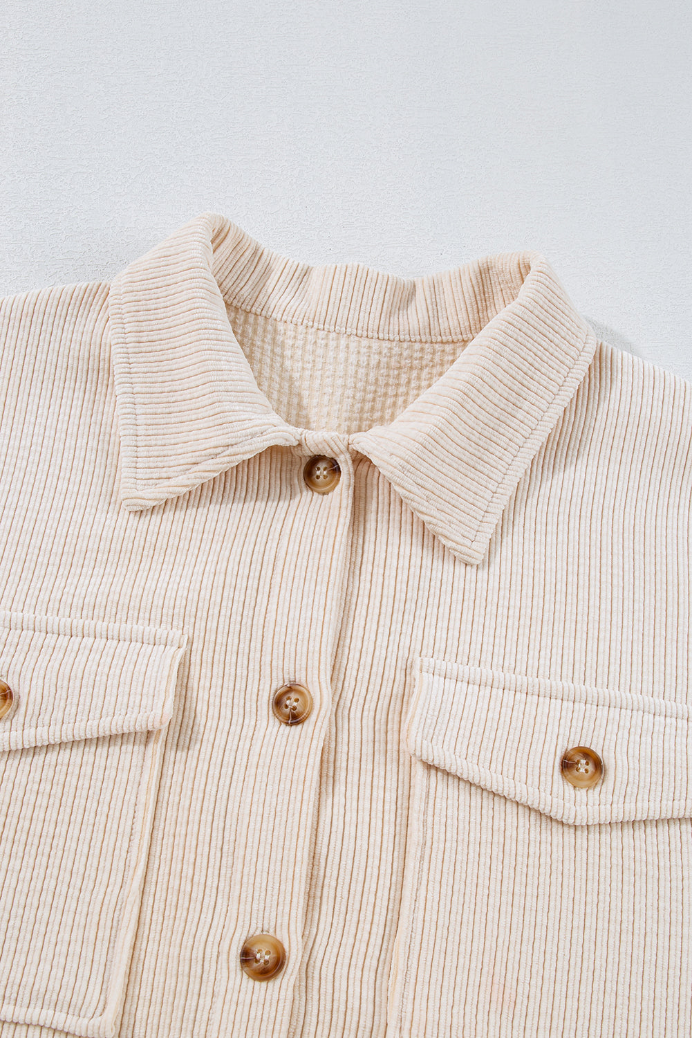 Oatmeal Textured Flap Pockets Buttoned Plus Size Shacket Beagle Boutique Fashion Outlet