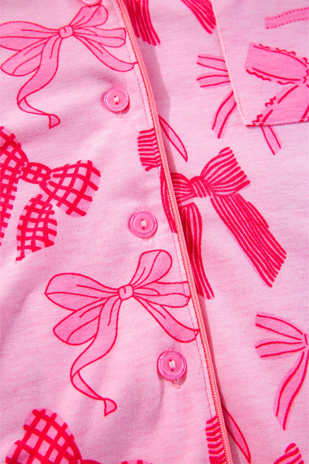Pink Bow Knot Print Lapel Collar Short Sleeve and Pants Pyjamas Set Beagle Boutique Fashion Outlet