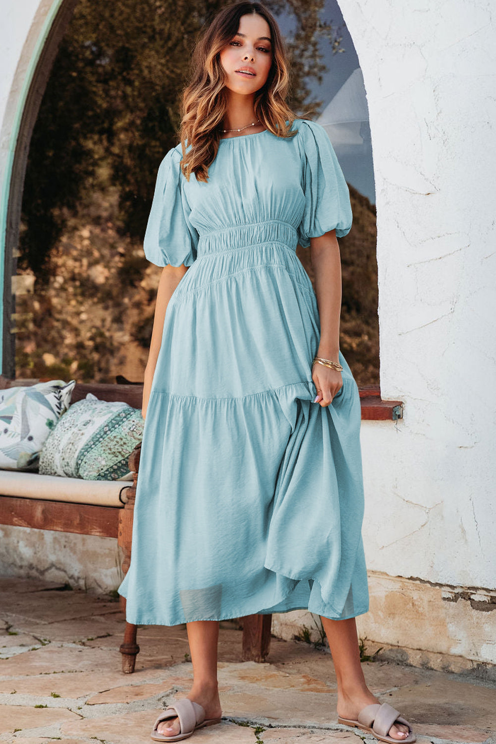 Puff Sleeve High Waist Flowy Chiffon Lined Midi Dress