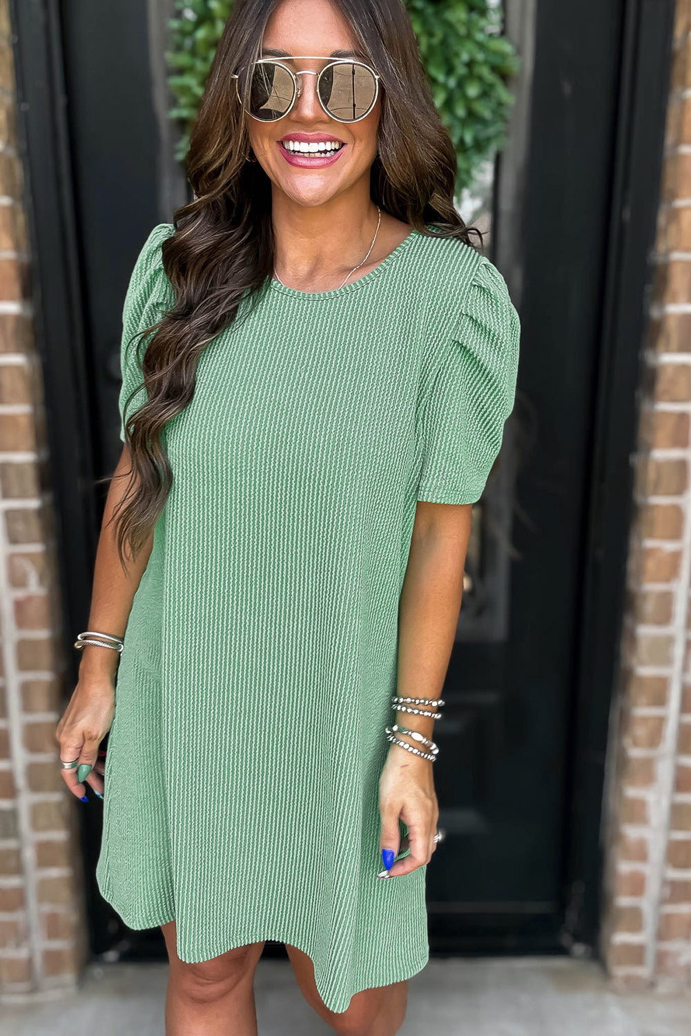 Mint Green Ribbed Knit Crew Neck Puff Sleeve Shift Mini Dress eAura