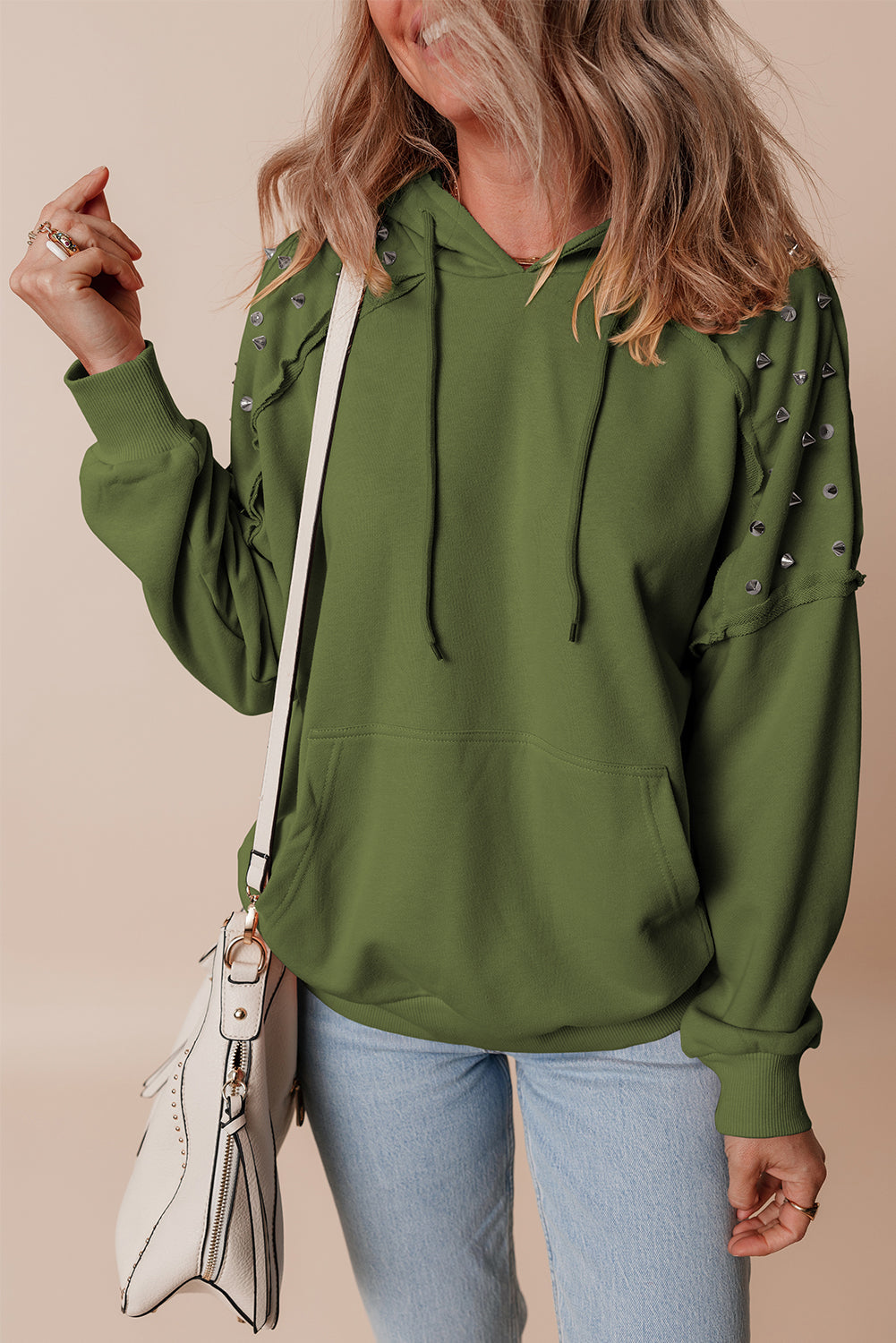 Fushia Solid Color Rivet Stud Raglan Sleeve Hoodie with Pocket BB Fashion Outlet