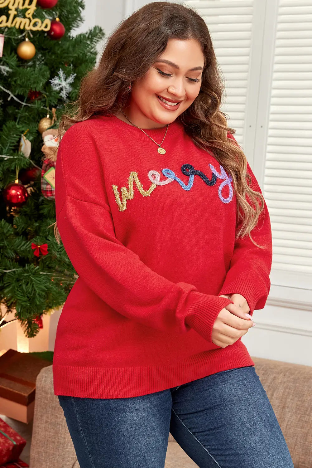 Tinsel merry Pattern Drop Shoulder Plus Size Sweater