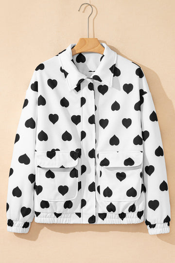 White Double Flap Pocket Heart Print Collar Zip Jacket - Outerwear/Jackets