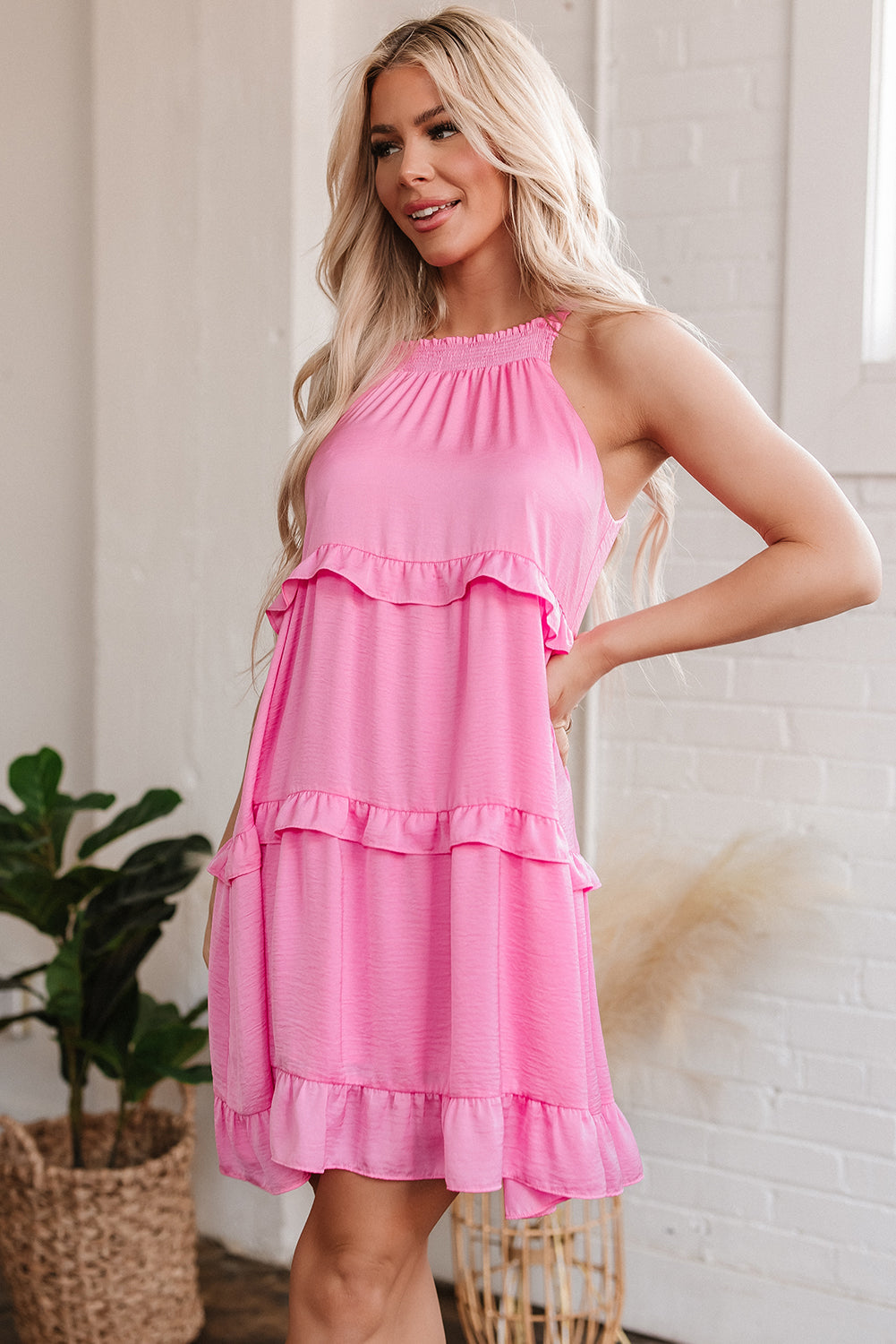 Pink Smocked Neck Knot Back Frilly Tiered Sleeveless Mini Dress BB Fashion Outlet