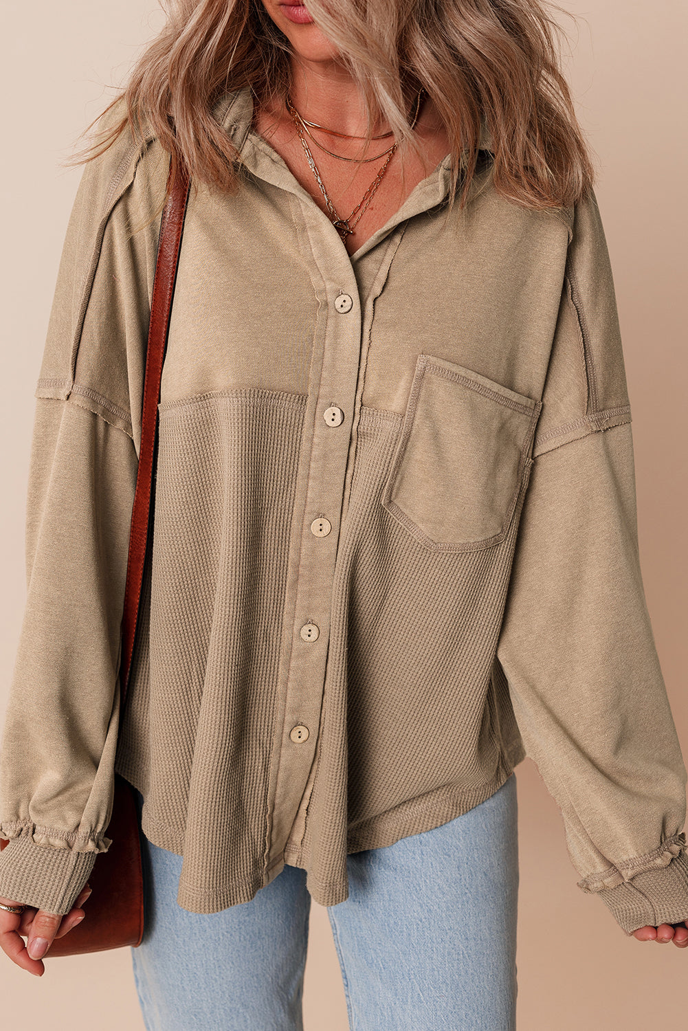 Goat Mineral Wash Textured Patchwork Loose Fit Shacket eAura