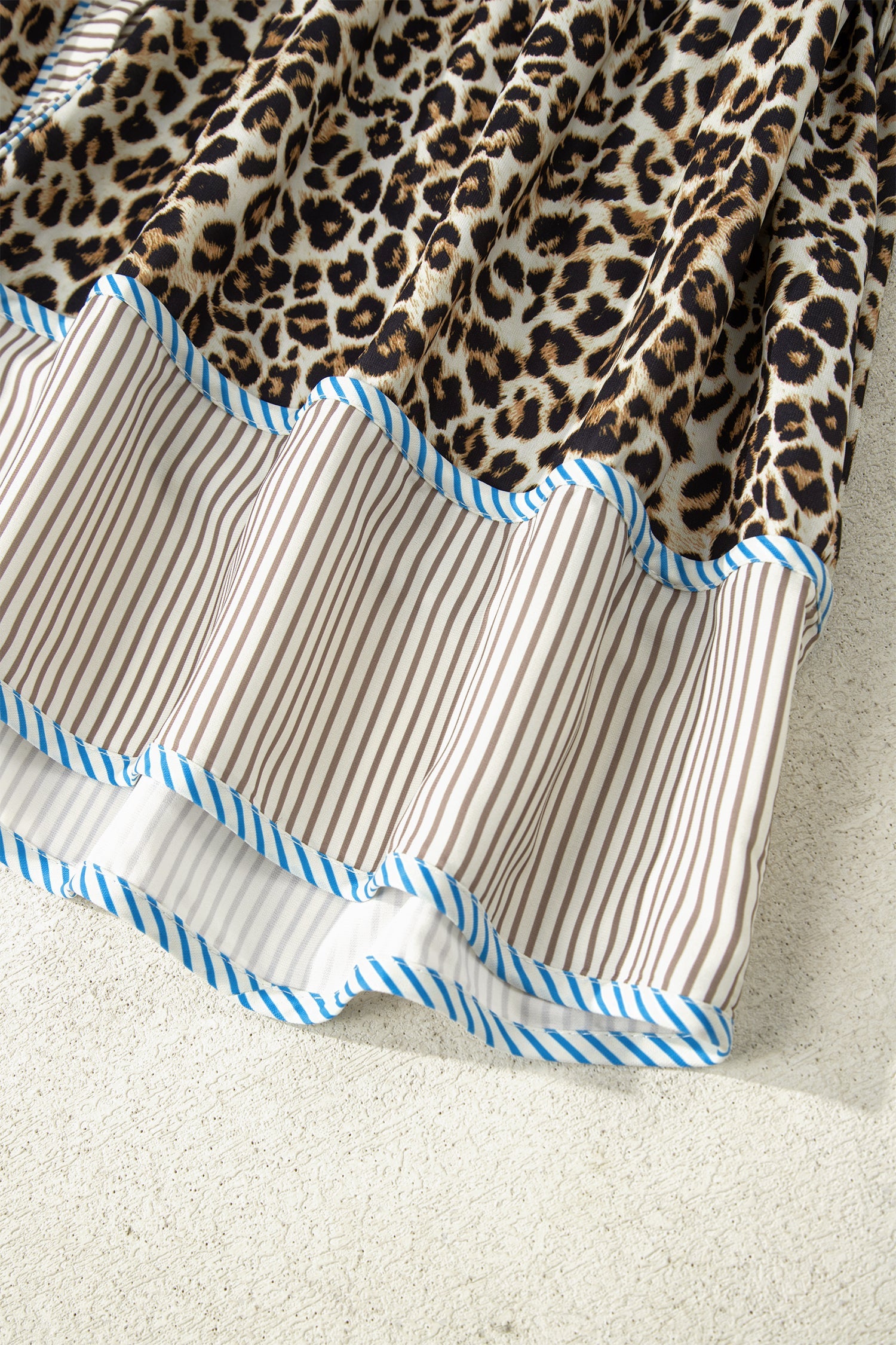 Plus Size Leopard Print Striped Trim V-Neck Drop Waist Long Sleeve Mini Dress - eAura