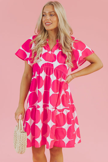 Rose Polka Dot Flutter Sleeve Notched Neck Tiered Flowy Dress - eAura