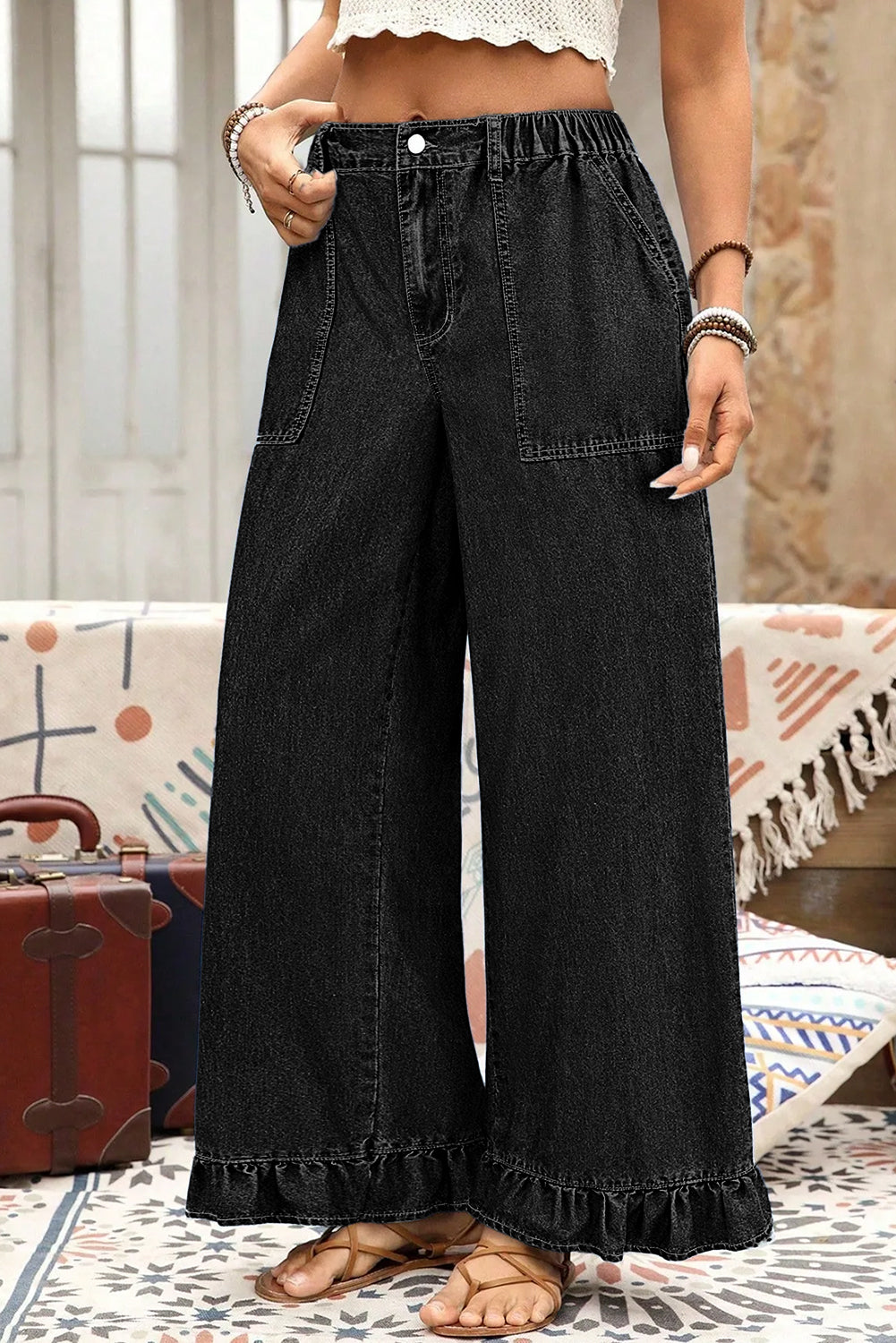 Plus Size Elastic Waist Ruffled Wide Leg Denim Jeans - Black / L - Size/Plus Bottoms