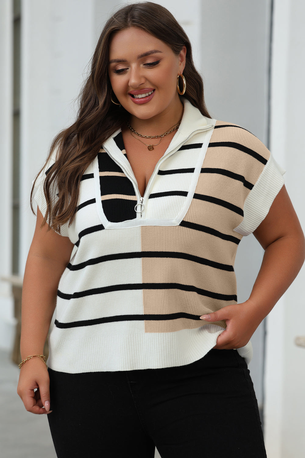 Black Stripe Colourblock Quarter Zip Collar Sweater Vest eAura