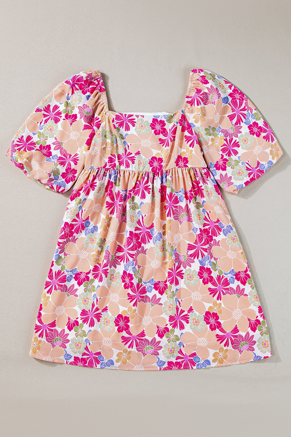 Rose Summer Floral Square Neck Puff Sleeve Babydoll Dress BB Fashion Outlet
