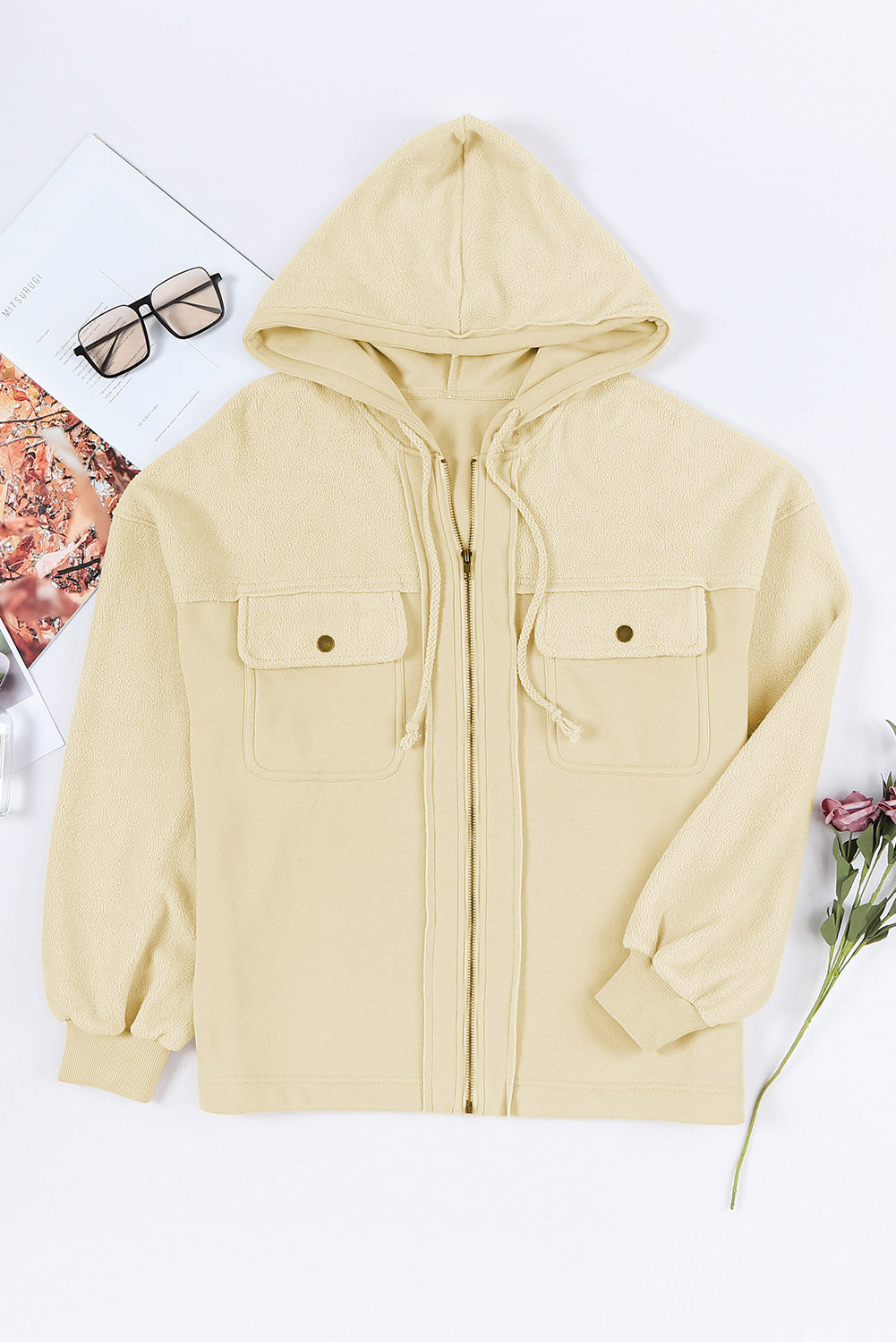 Flap Pocket Drawstring Hood Zip Up Jacket Beagle Boutique Fashion Outlet