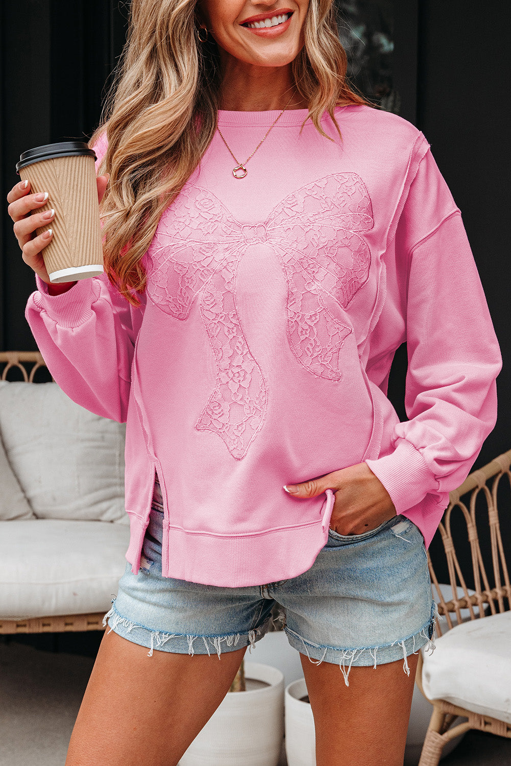 Lace Insert Bow Embroidered Exposed Seam Sweatshirt - eAura