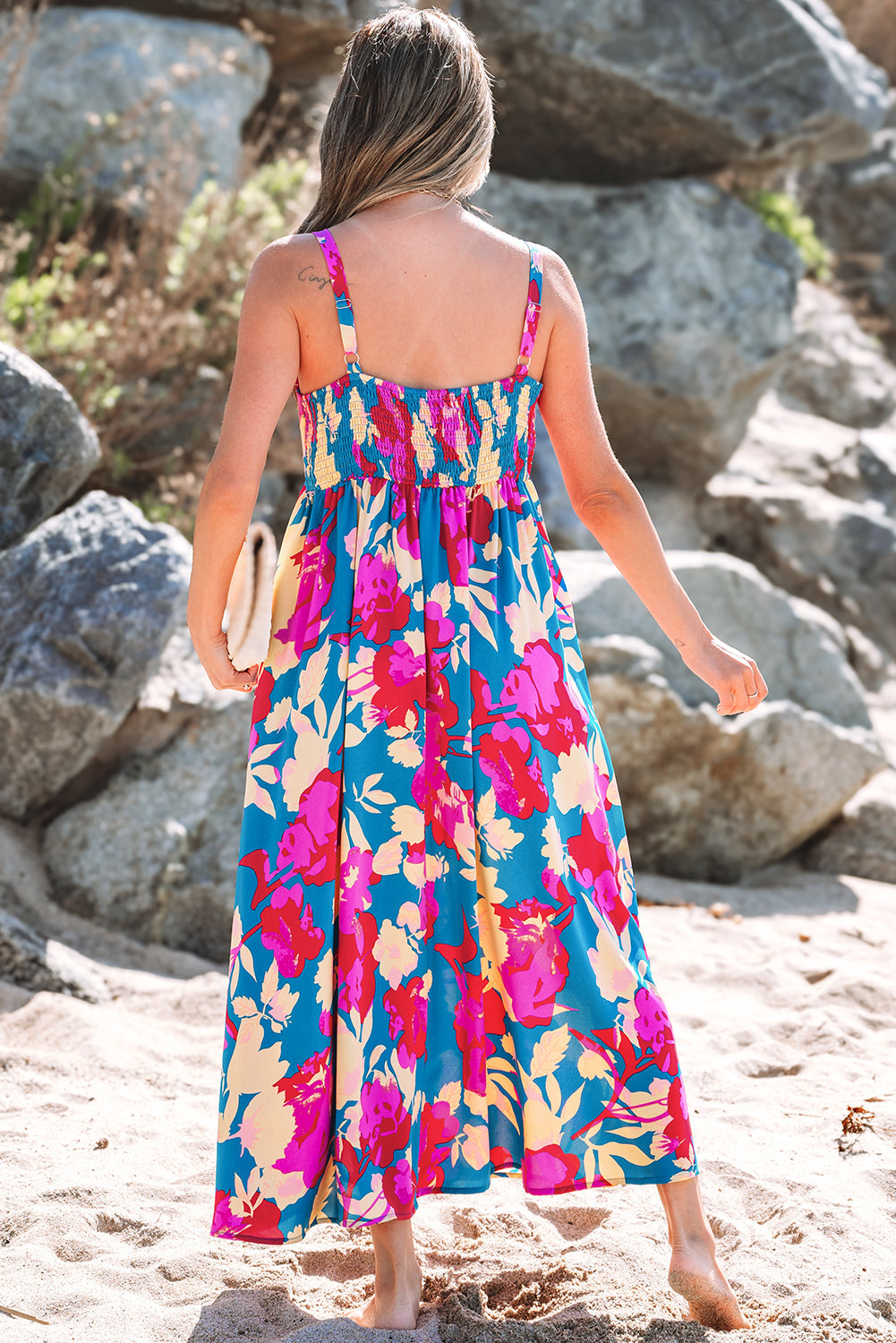 Dark Blue Floral High Waist Sleeveless Flared Long Dress eAura