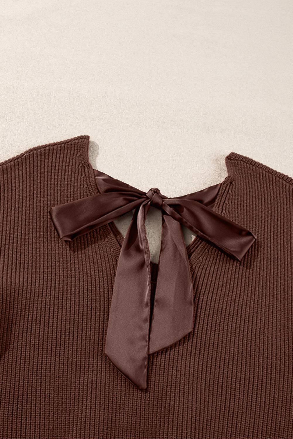 Coffee Lantern Sleeve V Neck Knot Back Sweater eAura
