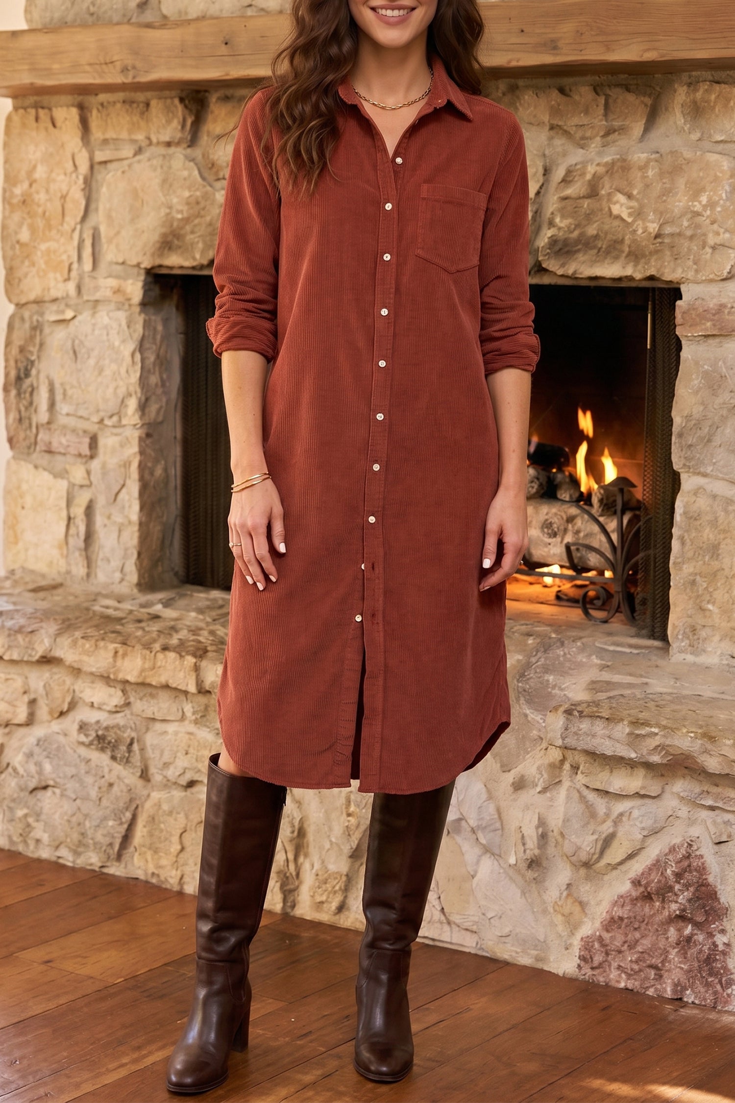 Long Sleeve Button Down Corduroy Midi Length One Piece Dress – Clay