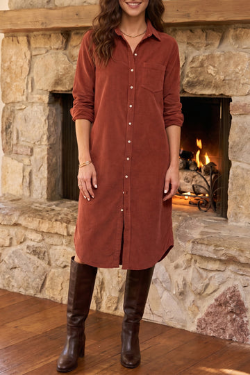 Long Sleeve Button Down Corduroy Midi Length One Piece Dress – Clay