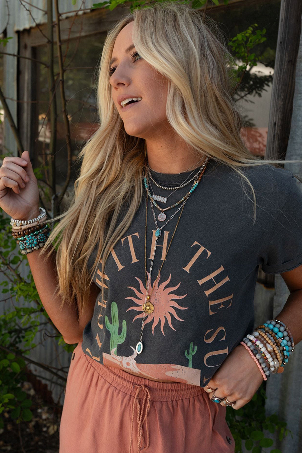 Dark Grey RISE WITH THE SUN Western Fashion Graphic Tee eAura