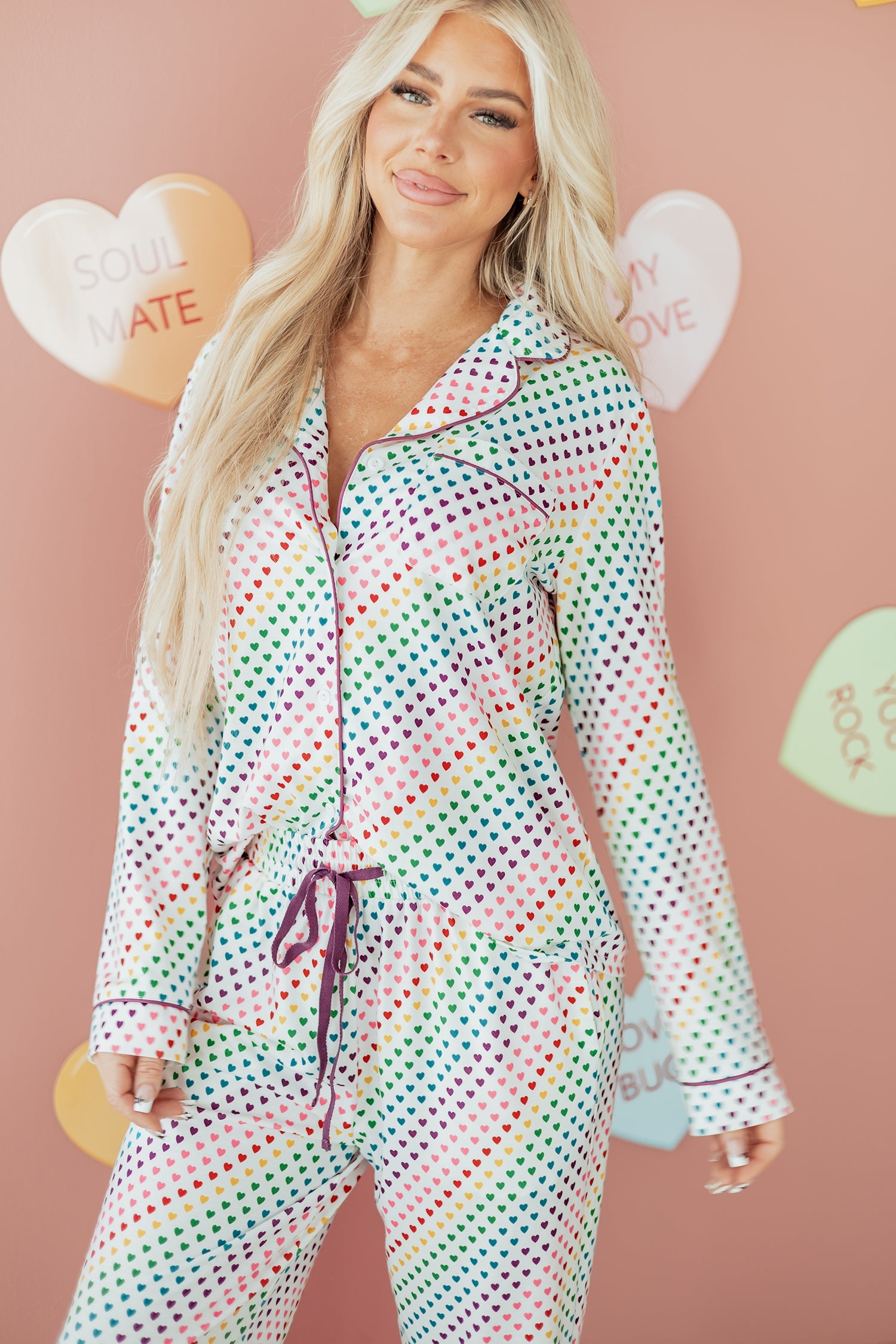 White Heart Print Long Sleeve Pyjama Set - eAura
