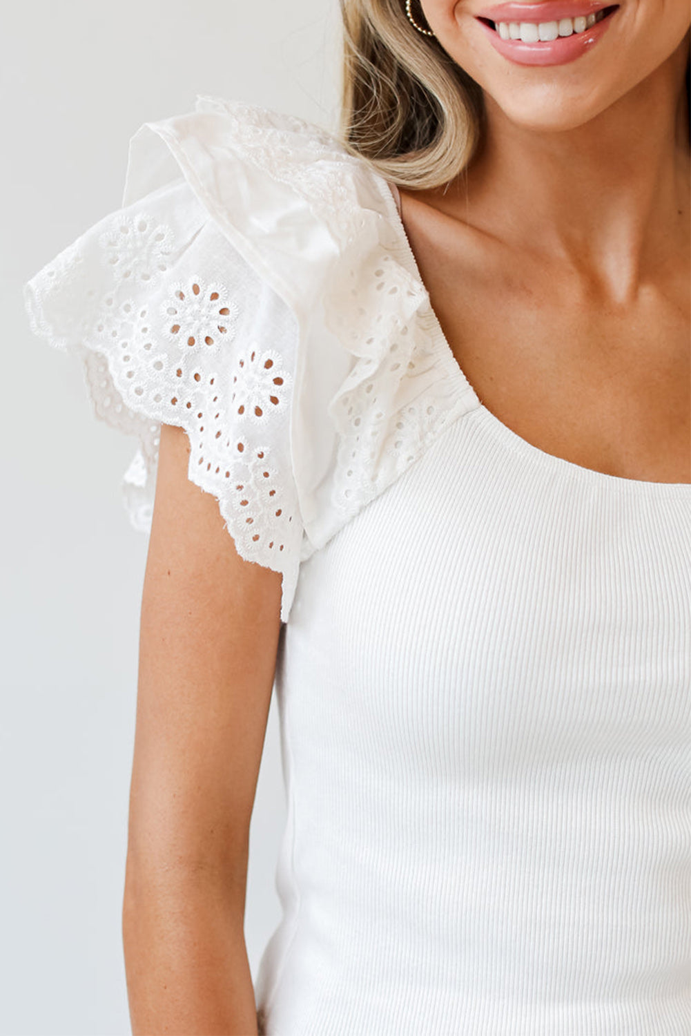 White Eyelet Ruffle Sleeve Slim Fitted Top eAura