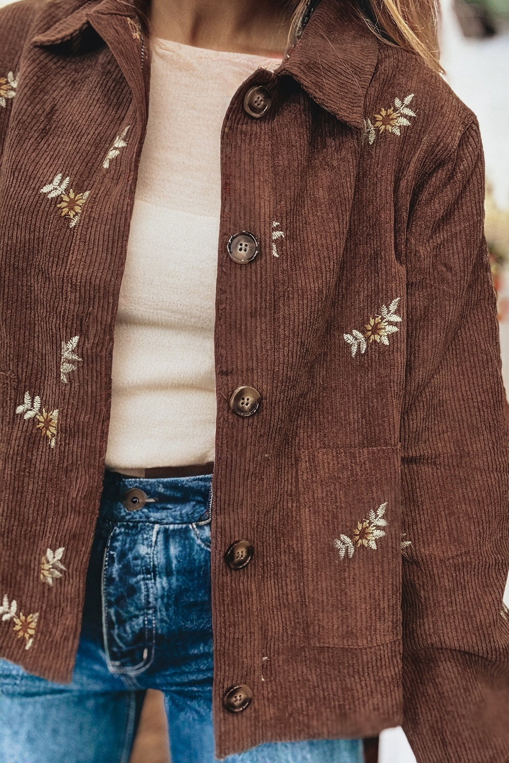 Floral Embroidered Collar Button Front Soft Corduroy Jacket eAura