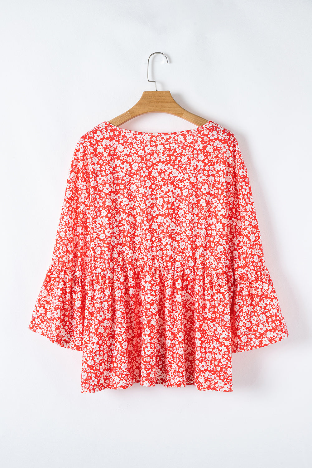 Red Plus Size Floral V Neck Flared Bracelet Sleeve Blouse BB Fashion Outlet
