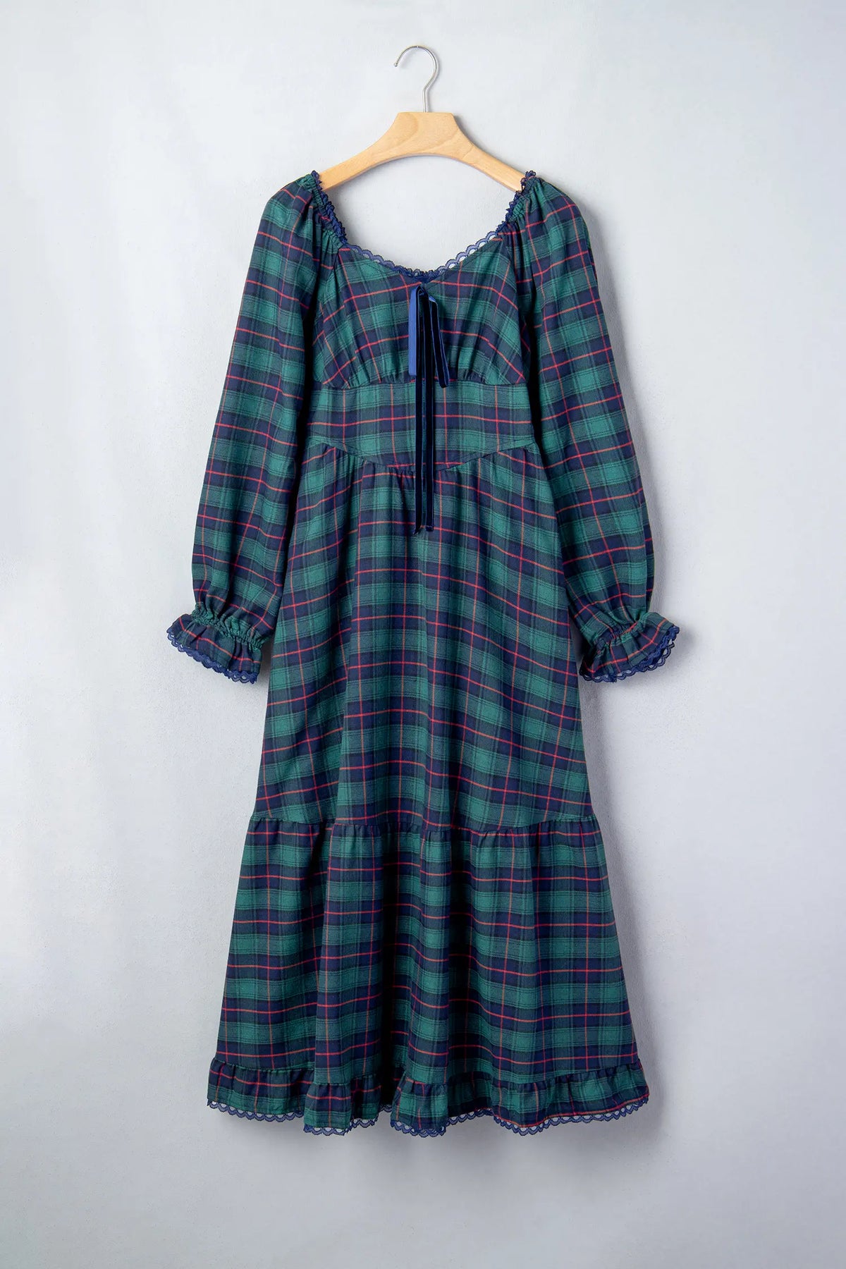 Vintage Plaid Square Neck Lace Trim Long Sleeve Shift Dress – Green