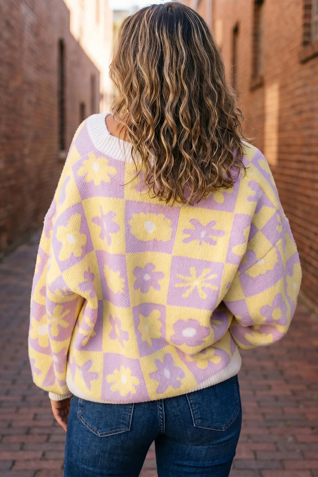 Plus Size Sweater V-neck Plaid Floral Long Sleeve