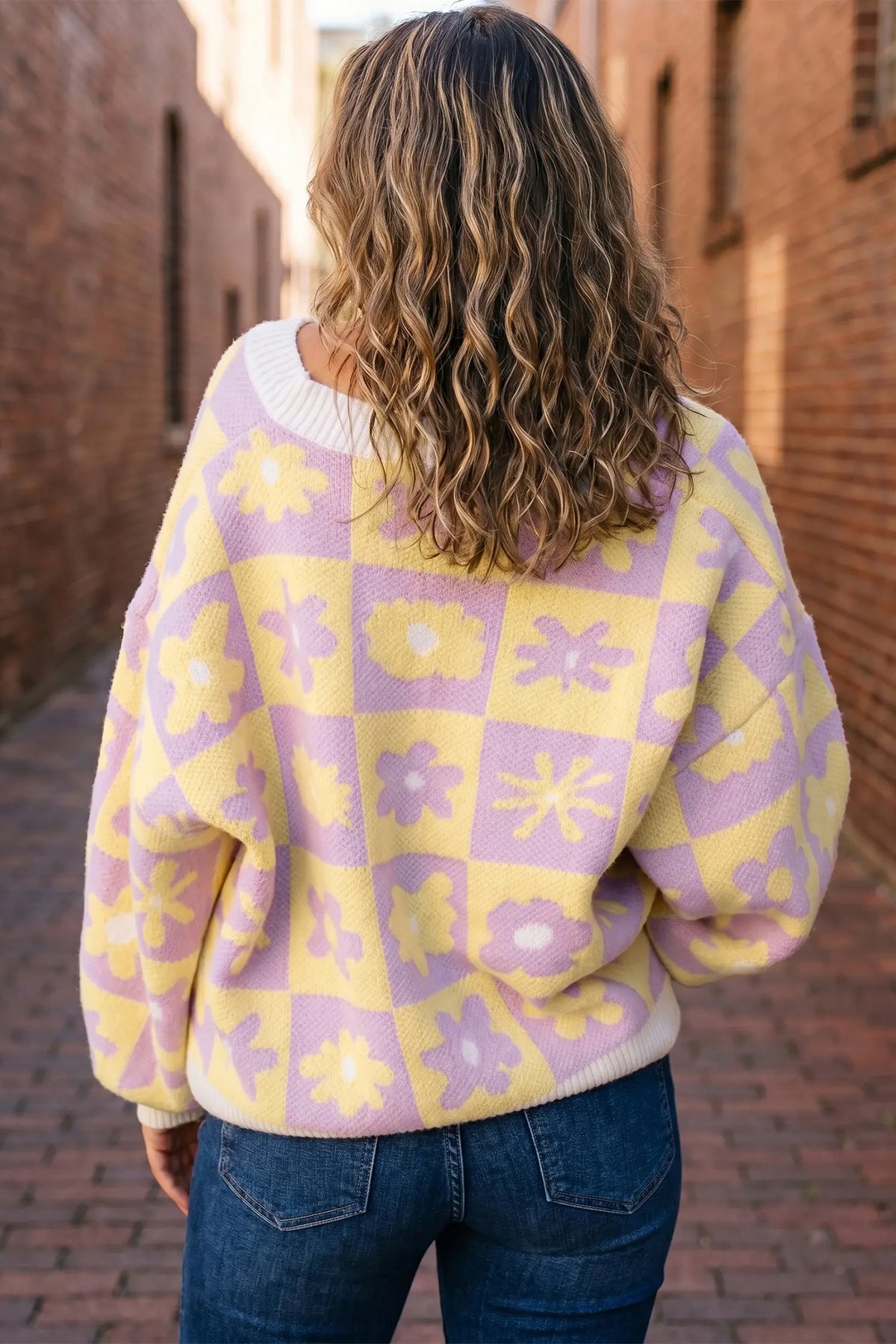 Multicolour V Neck Plaid Floral Long Sleeve Plus Size Sweater
