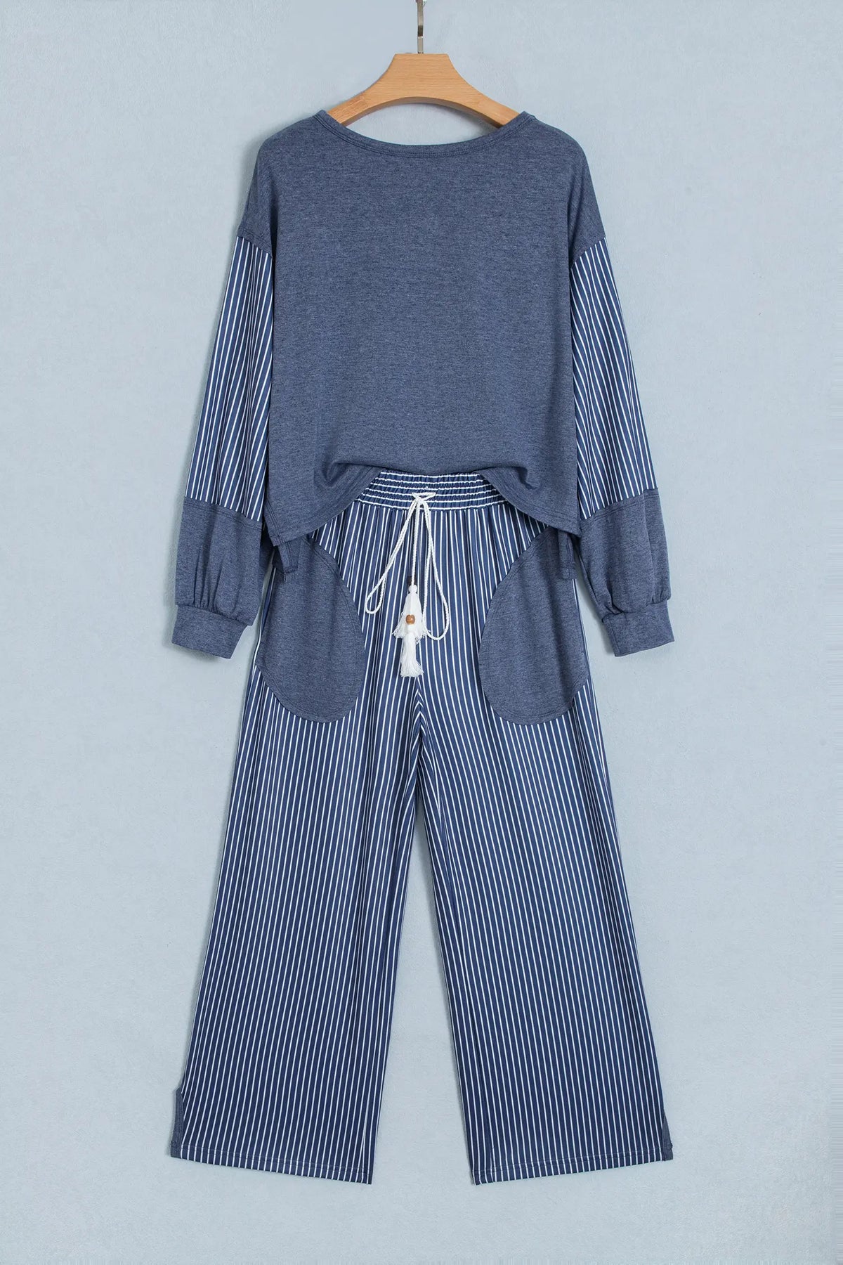 Raw Seam Patchwork Long Sleeve Top Pocket Casual Pants 2pcs Set – Real Teal