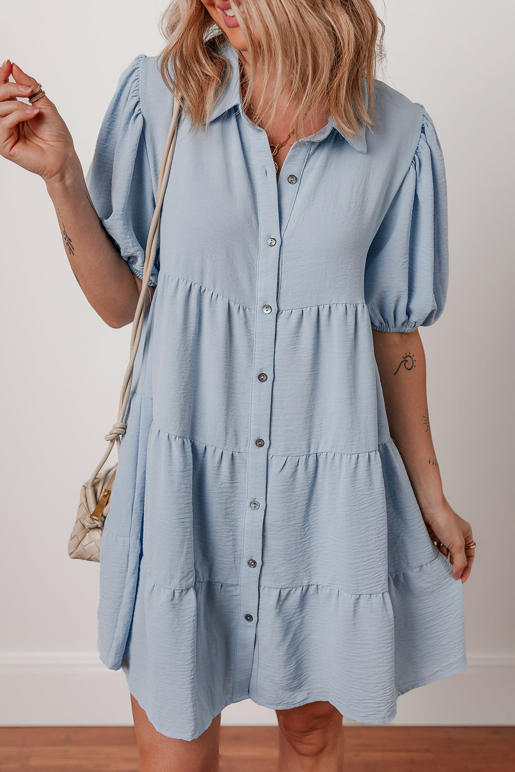 Beau Blue Shirt Collar Button Up Short Puff Sleeve Tiered Shift Dress - eAura